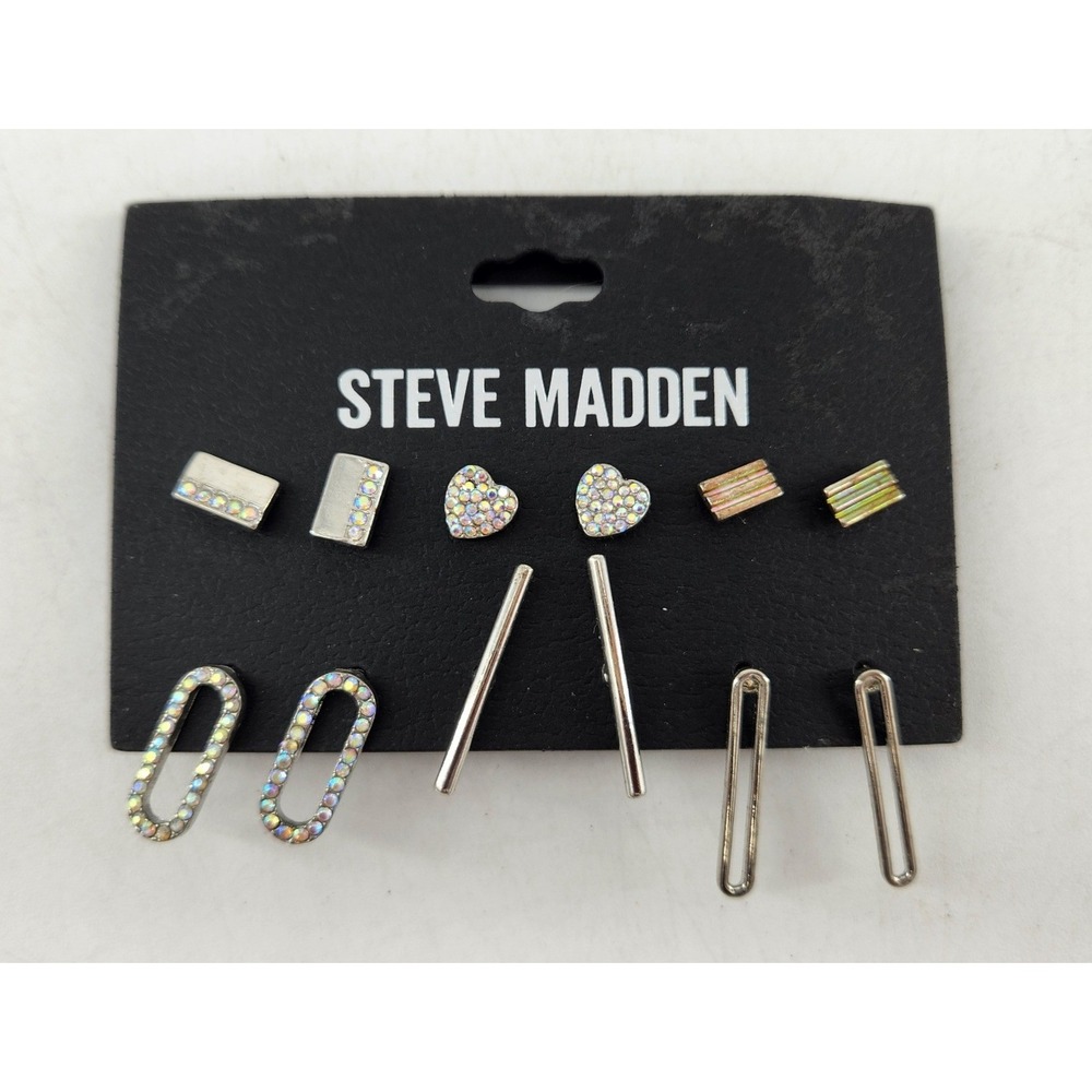 New Steve Madden Earring Set Womens OS Silver Rhinestone Heart Geometric 6 Pair